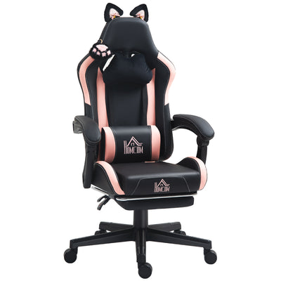 HOMCOM Cat Ear and Paw Reclining Office Chair, with Footrest - Black/Pink 
