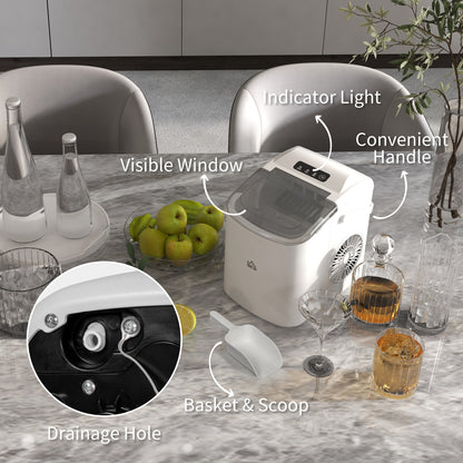 HOMCOM Ice Maker Machine Counter Top, 12Kg in 24 Hrs, 9 Cubes Ready in 6-12Mins, Portable Ice Cube Maker with Ice Scoop and Basket, White 