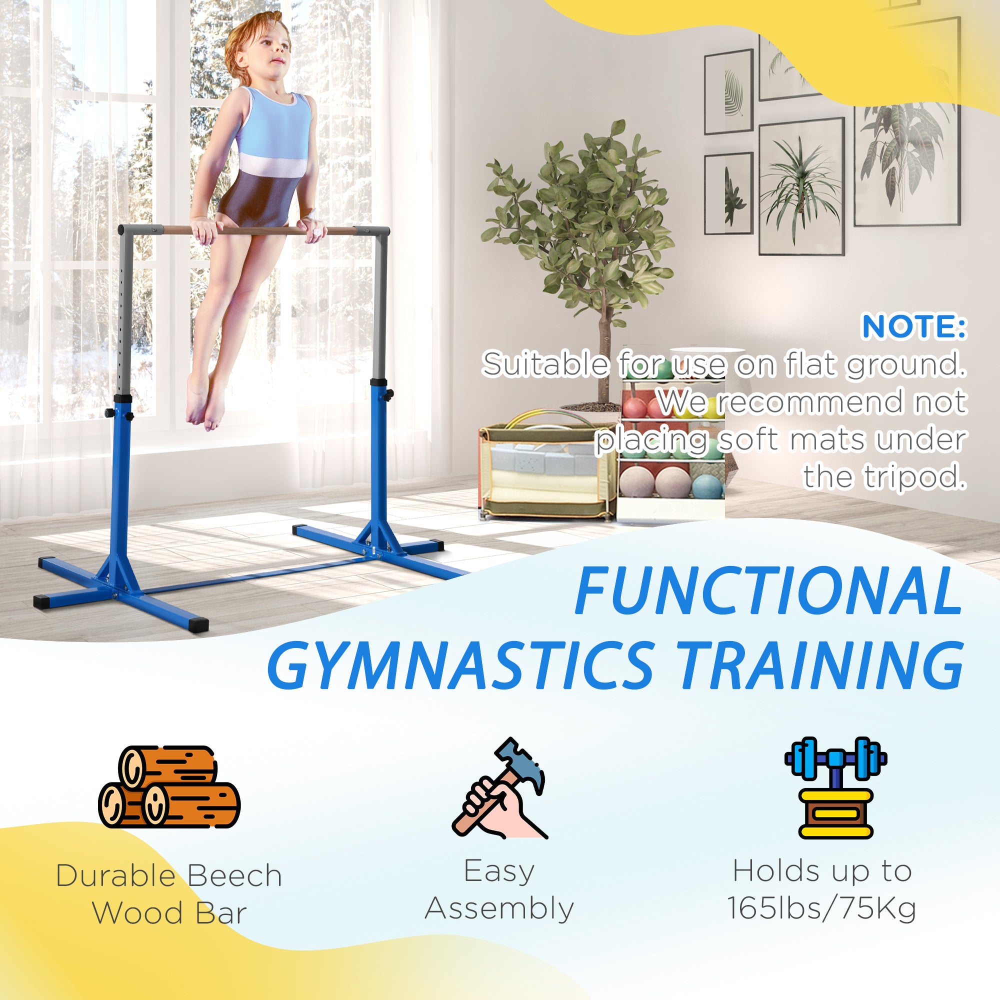 HOMCOM Height Adjustable Gymnastics Horizontal Bar for Kids, Children Junior Kip High Bar Fitness, Blue 