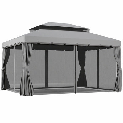 Outsunny 3 x 4m Aluminium Garden\'c2\'a0Gazebo, Marquee Canopy Shelter Pavilion Party Tent with Nets and Curtains for Garden and Deck, Light Grey 