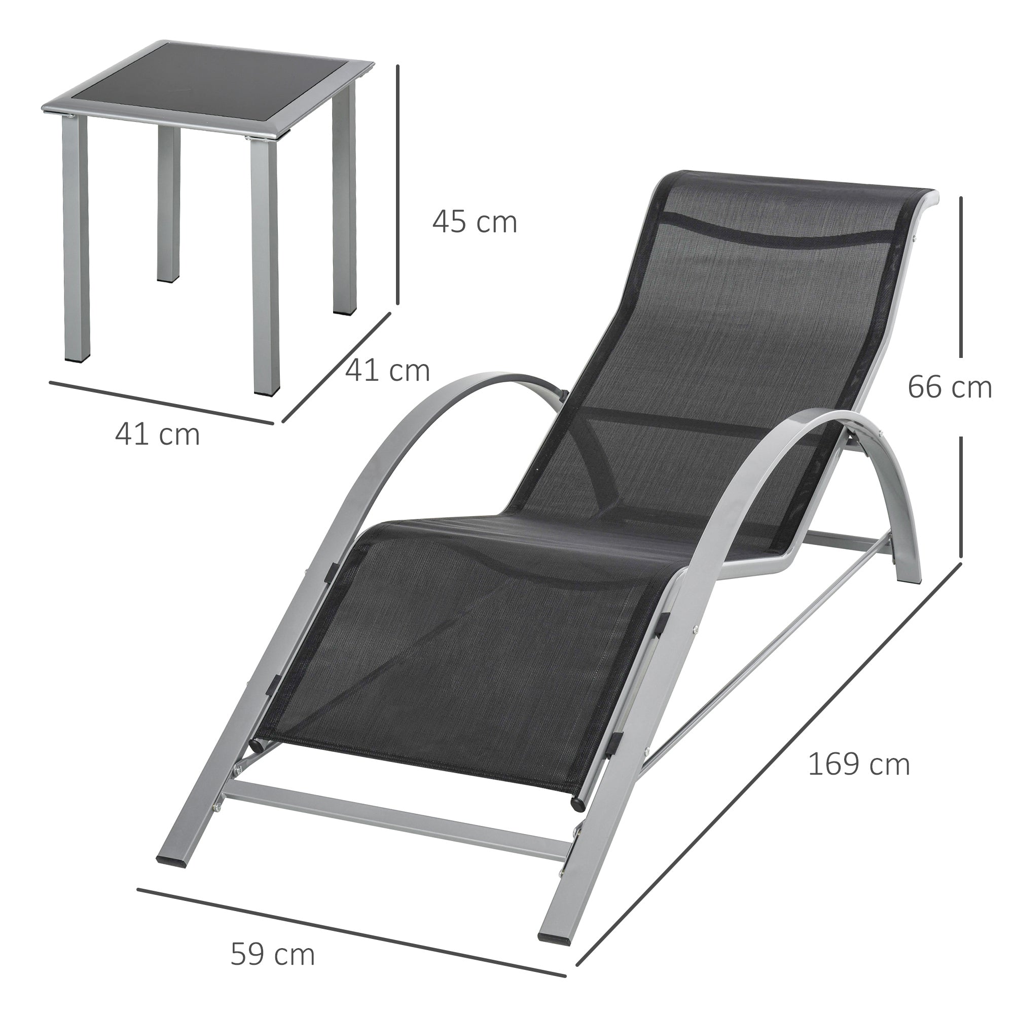 Outsunny 3 Pieces Sun Lounger Chair Set, Metal Frame Garden Outdoor Sunbathing Chair with Side Table and Armrest, Black 