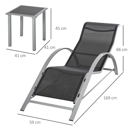 Outsunny 3 Pieces Sun Lounger Chair Set, Metal Frame Garden Outdoor Sunbathing Chair with Side Table and Armrest, Black 