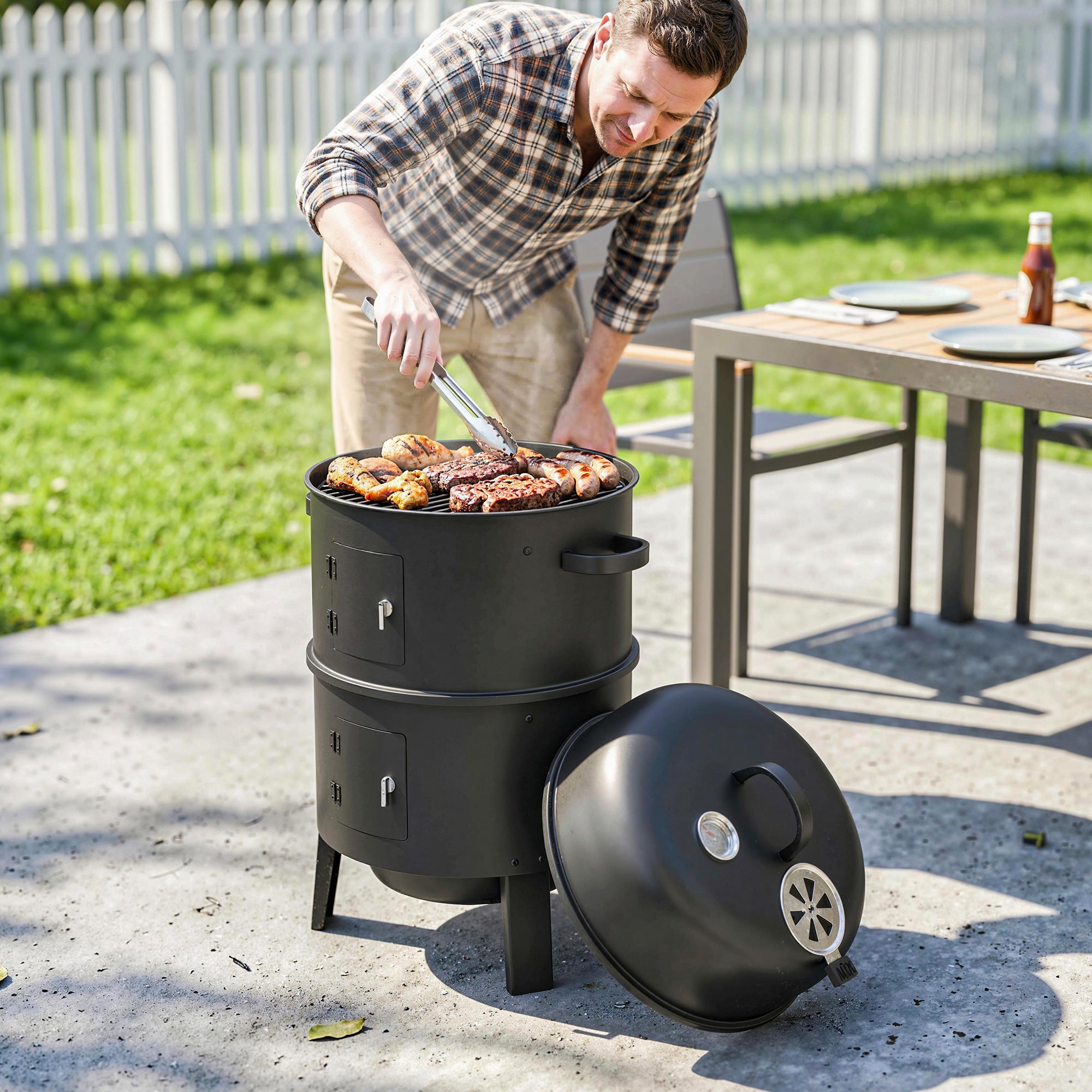 Outsunny 3-in-1 Vertical Charcoal Smoker with 2 Grill Grates, Built-in Thermometer, Adjustable Vent, 2 Doors 