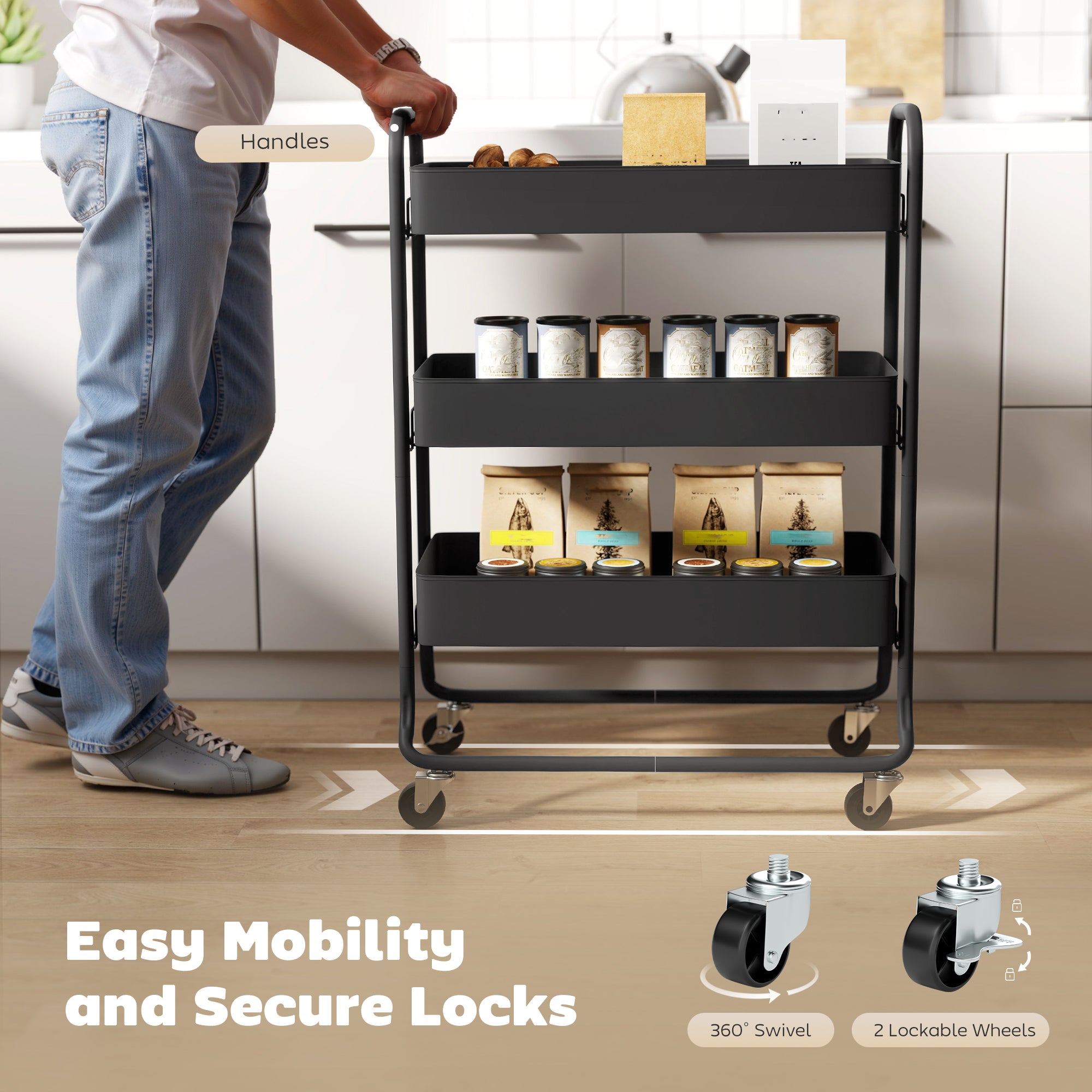 HOMCOM 3-Tier Storage Trolley on Wheels, Rolling Utility Cart with Mesh Backets for Kitchen, Bathroom, Bedroom, Black 