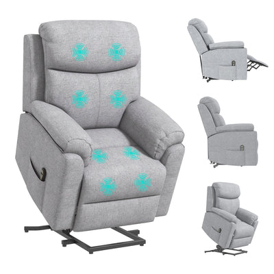 HOMCOM Power Lift Chair Electric Riser Recliner for Elderly with Massage, Linen Fabric Sofa Lounge Armchair with Remote Control and Side Pocket, Grey 