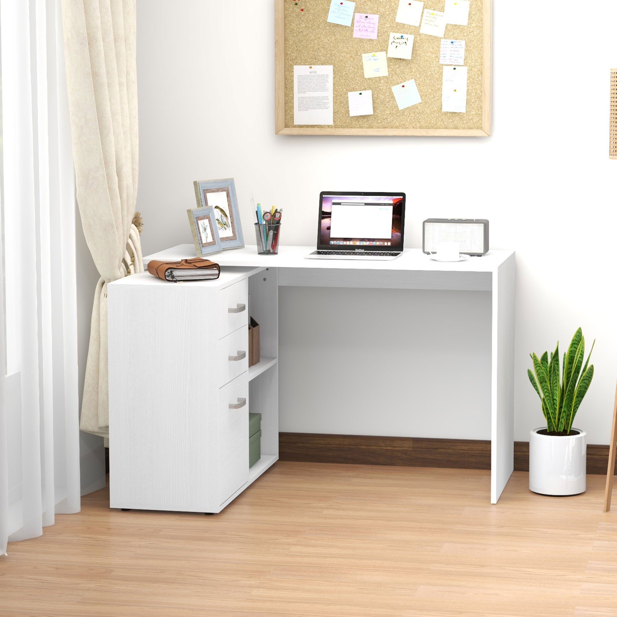 HOMCOM L Shaped Computer Desk, Reversible Home Office Desk with Drawers, File Cabinet and Storage Shelves, Study Table, 117 x 83.5 x 76cm, White 