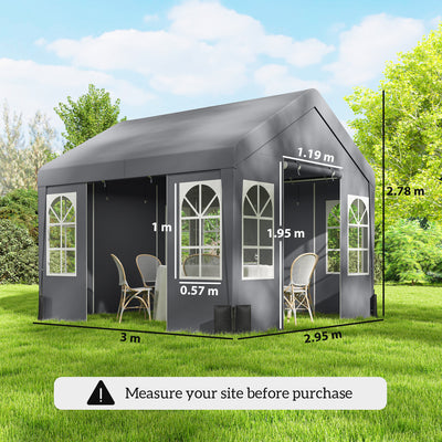 Outsunny 3 x 3 m Party Tent, Outdoor Canopy Tent Shelter with Removable Sidewalls, 4 Zipped Doors, for Parties, Wedding, Grey 
