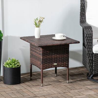 Outsunny Outdoor Rattan Side Table Coffee Table with Plastic Board, Full Woven Table Top for Patio, Garden, Balcony, Mixed Brown 
