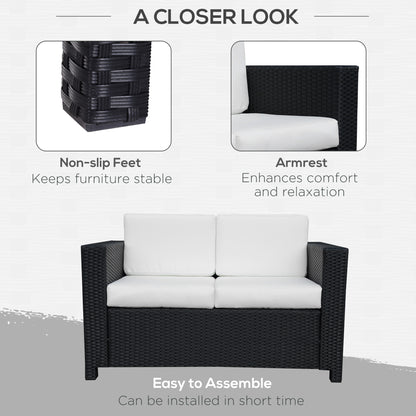 Outsunny 2 Seater Rattan Sofa with Soft Padded Cushion, All-Weather PE Wicker Weave Garden Loveseat with Armrests, Black 