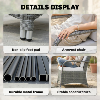 Outsunny 3 Pieces Rattan Bistro Set, Wicker Garden Furniture Set with Metal Frame, Cover, Glass Top Coffee Table, Light Grey 