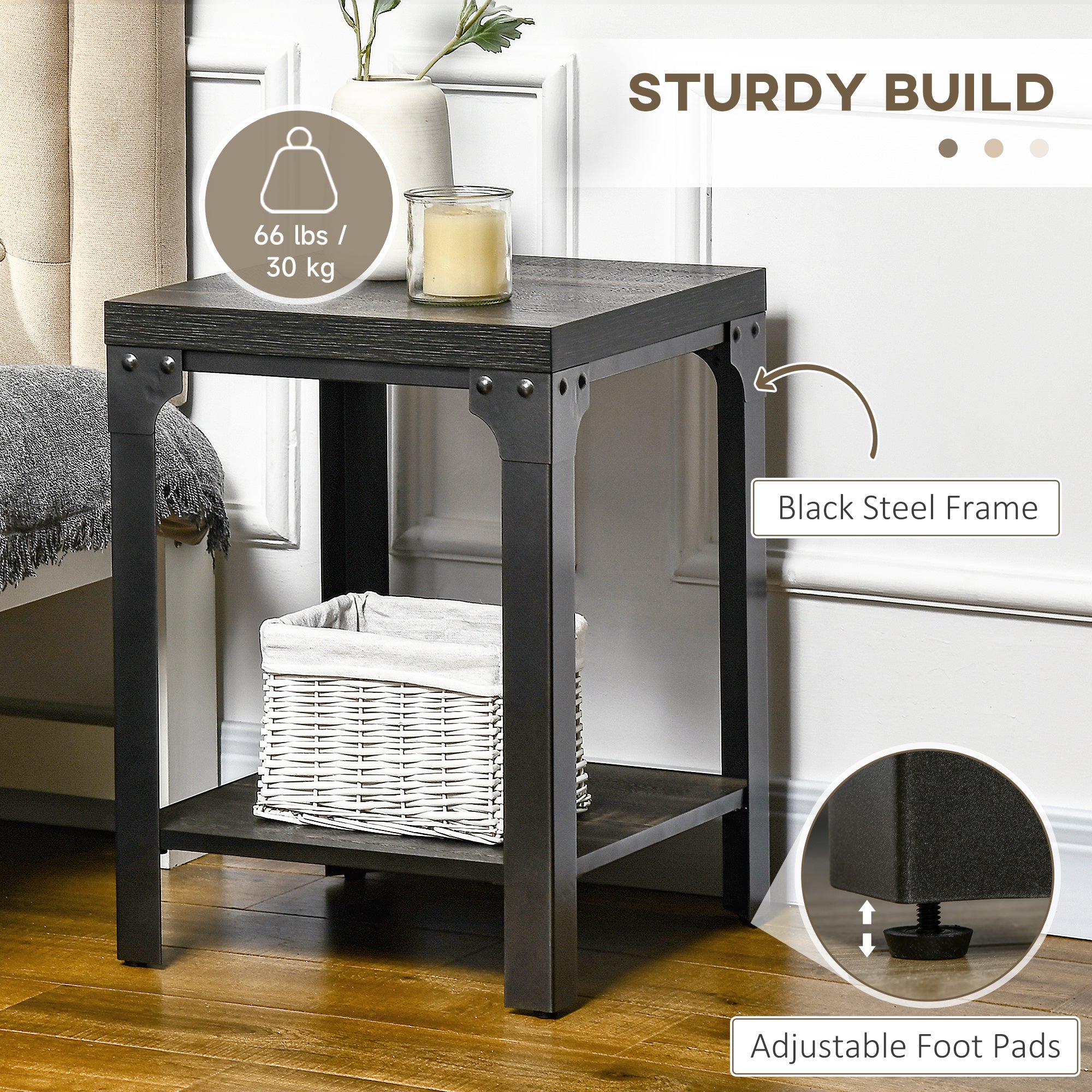HOMCOM Industrial Side Table Set of 2 with Storage Shelf, Bedside Tables with Steel Frame and Thickened Top, Living Room Bedroom, Dark Walnut 