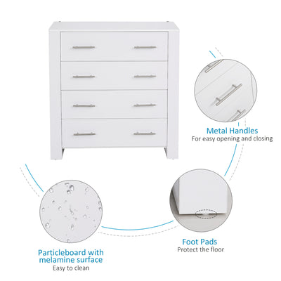 HOMCOM Chest Of 4 Drawers Storage Cabinet Bedroom Clothes w/Metal Handles Base Freestanding Unit Furnishing Living Room White 