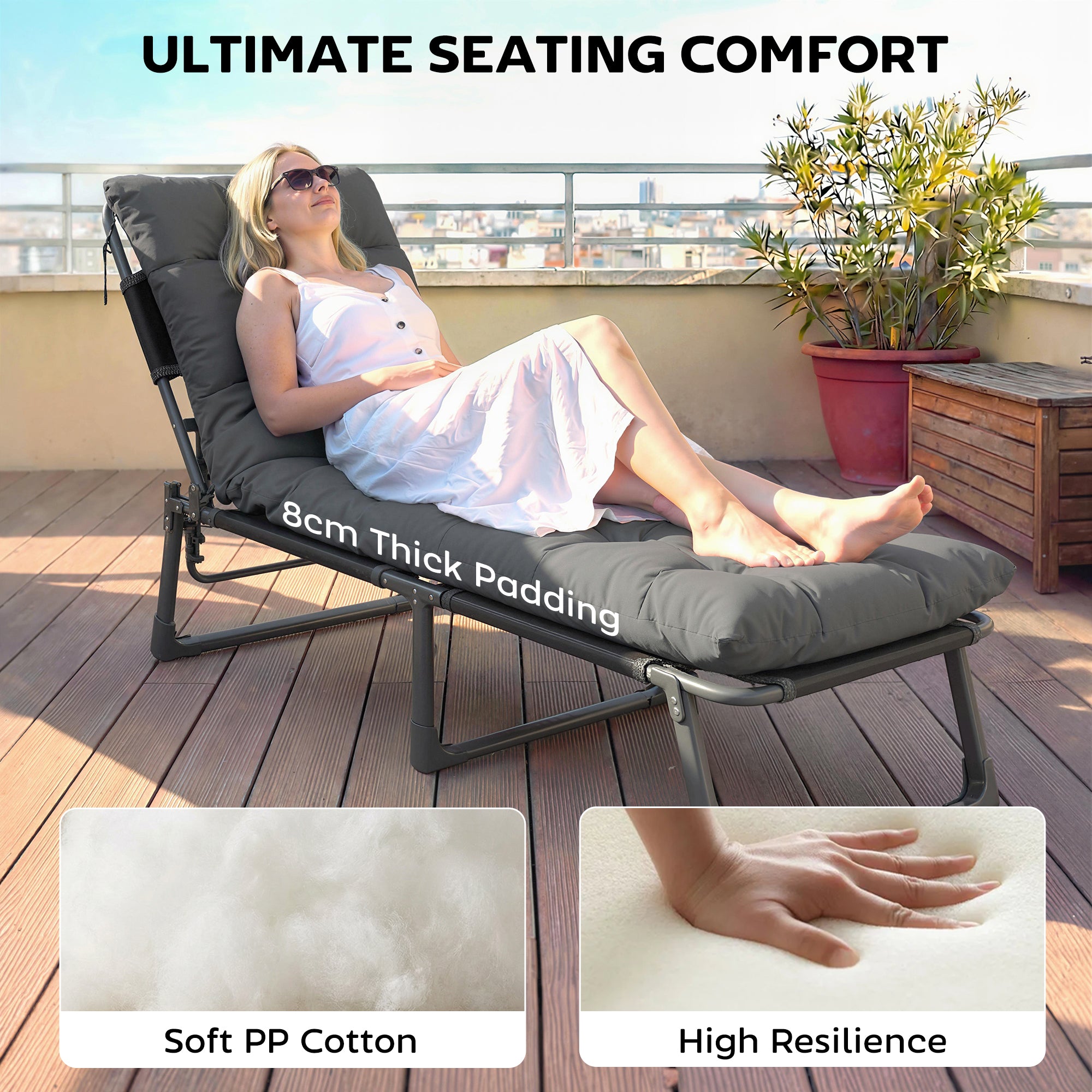 Outsunny Sun Lounger Cushions Only, Garden Lounge Chair Cushions Set of 2, Sunbed Replacement Pads with 4 Ties, Dark Grey 
