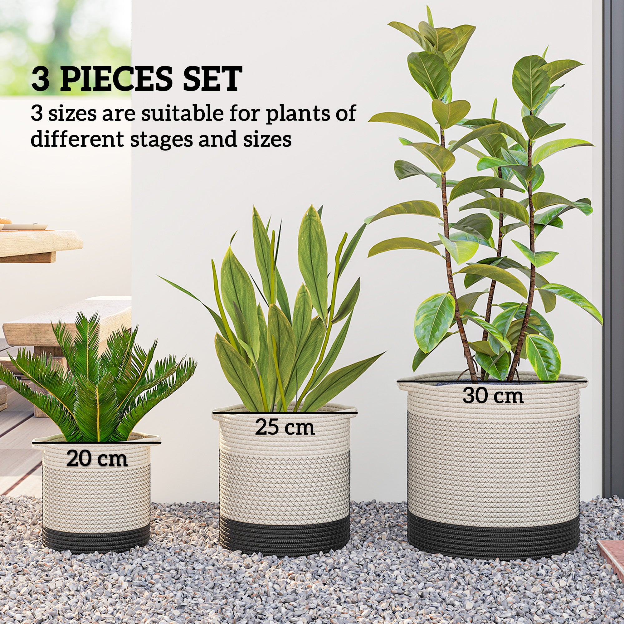 Outsunny Plant Pots Handwoven Cotton Indoor Planters with Waterproof Liner Set of 3 White 