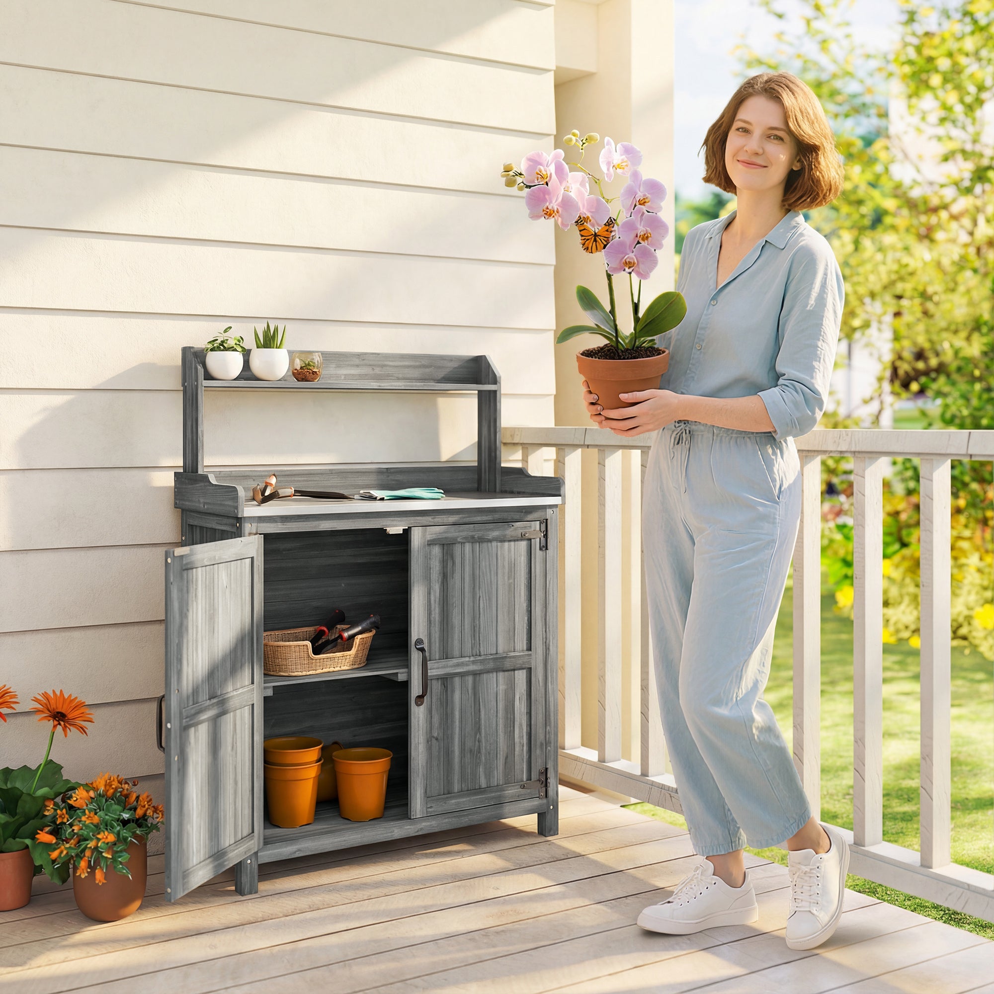 Outsunny Wooden Potting Bench Table with Aluminium Worktop, Outdoor Garden Workbench with Top Shelf and Cabinet Storage 