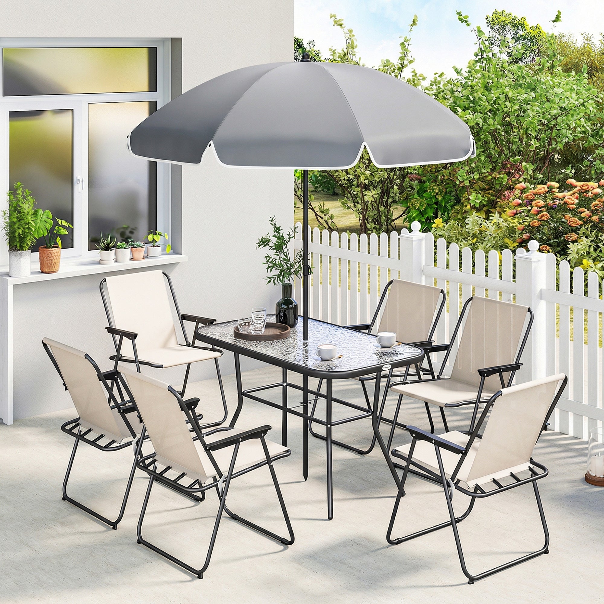 Outsunny 8 Piece Garden Dining Set with Umbrella Garden Furniture Set with 6 Folding Chairs, Tempered Glass Table for Patio Cream 