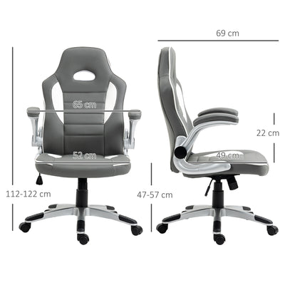Vinsetto Computer Gaming Chair, Office Desk Swivel Chair, PU Leather Racing Chair with 90\'c2\'b0 Flip-up Armrest, Adjustable Height and Rolling Wheels, Grey 