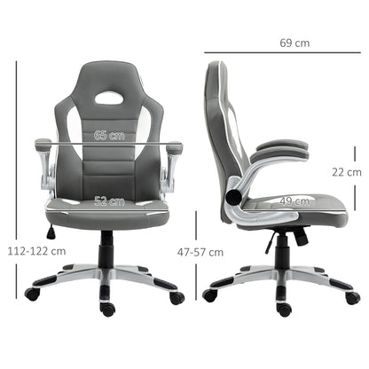Vinsetto Computer Gaming Chair, Office Desk Swivel Chair, PU Leather Racing Chair with 90\'c2\'b0 Flip-up Armrest, Adjustable Height and Rolling Wheels, Grey