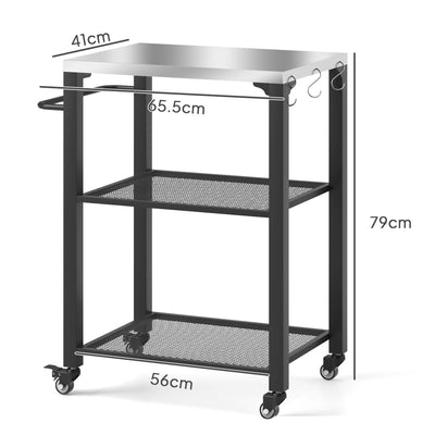 Outsunny Three-Shelf Outdoor Grill Cart with Stainless Steel Top, Outdoor Kitchen Island with 4 Wheels, 3 Hooks, Movable Food Prep Pizza Oven Table for Kitchen, Patio, Garden, 65.5 x 41 x 79 cm 
