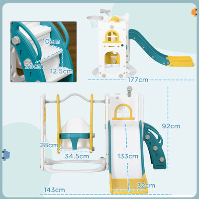 AIYAPLAY 6-in-1 Swing and Slide Set, Kids Playground with Basketball Hoop, Telescope, Storage Space - Yellow 