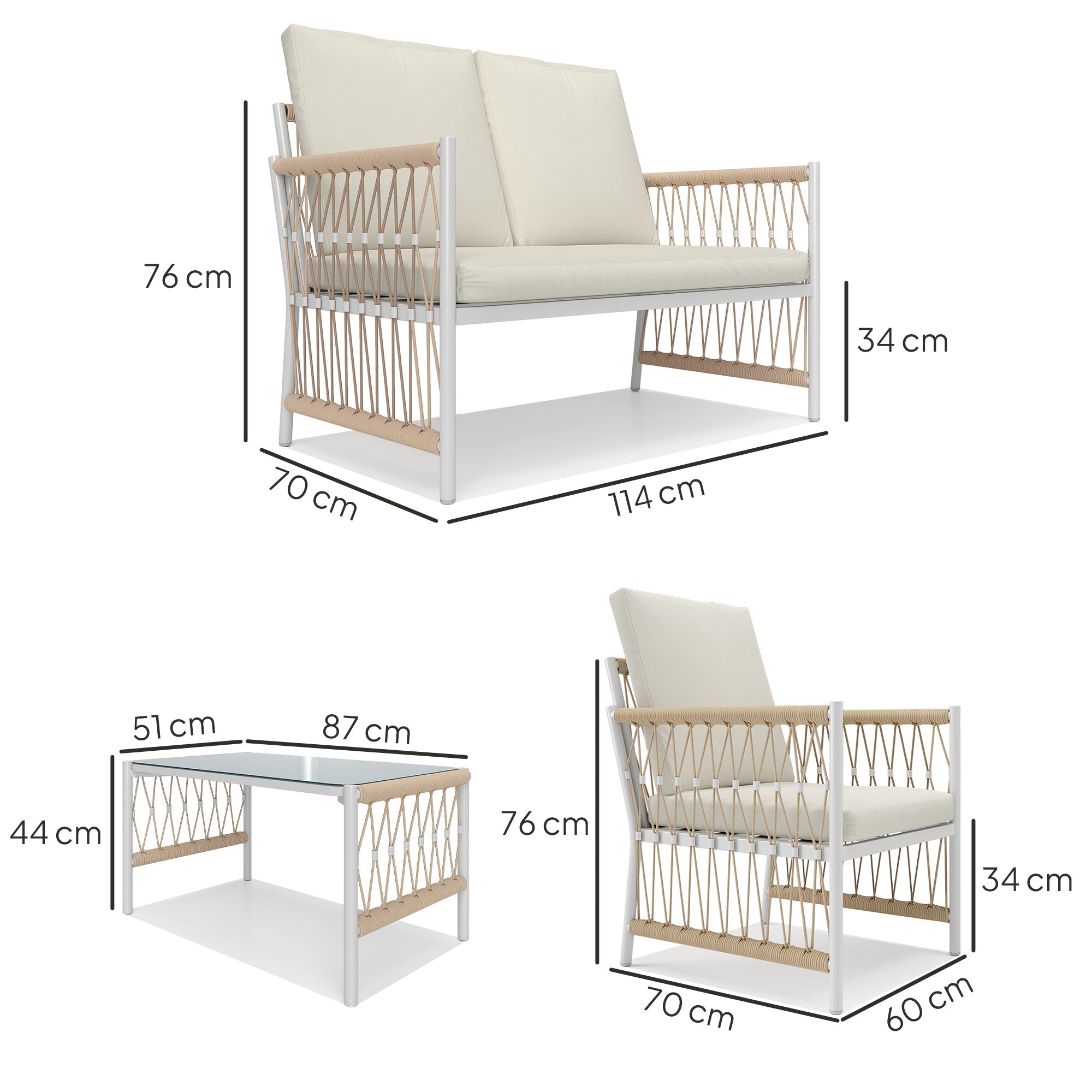 Outsunny 4 Piece Rattan Garden Furniture Set, 4 Seater Wicker Patio Conversation Set with 2 Armchairs, Loveseat, Glass Top Coffee Table and Cushions for Outdoor, Balcony, Khaki 