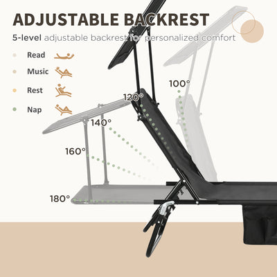 Outsunny Set of Two Folding Sun Loungers, with Adjustable Backs and Sun Canopies - Black 