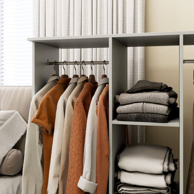 HOMCOM Open Wardrobe Double Mobile Storage Shelves Organizer W/6 Wheels-Grey 