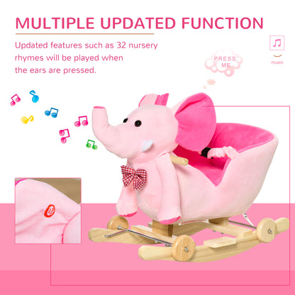 HOMCOM 2 In 1 Plush Baby Ride on Rocking Horse Elephant Rocker with Wheels Wooden Toy for Kids 32 Songs for 18+ Months (Pink) 