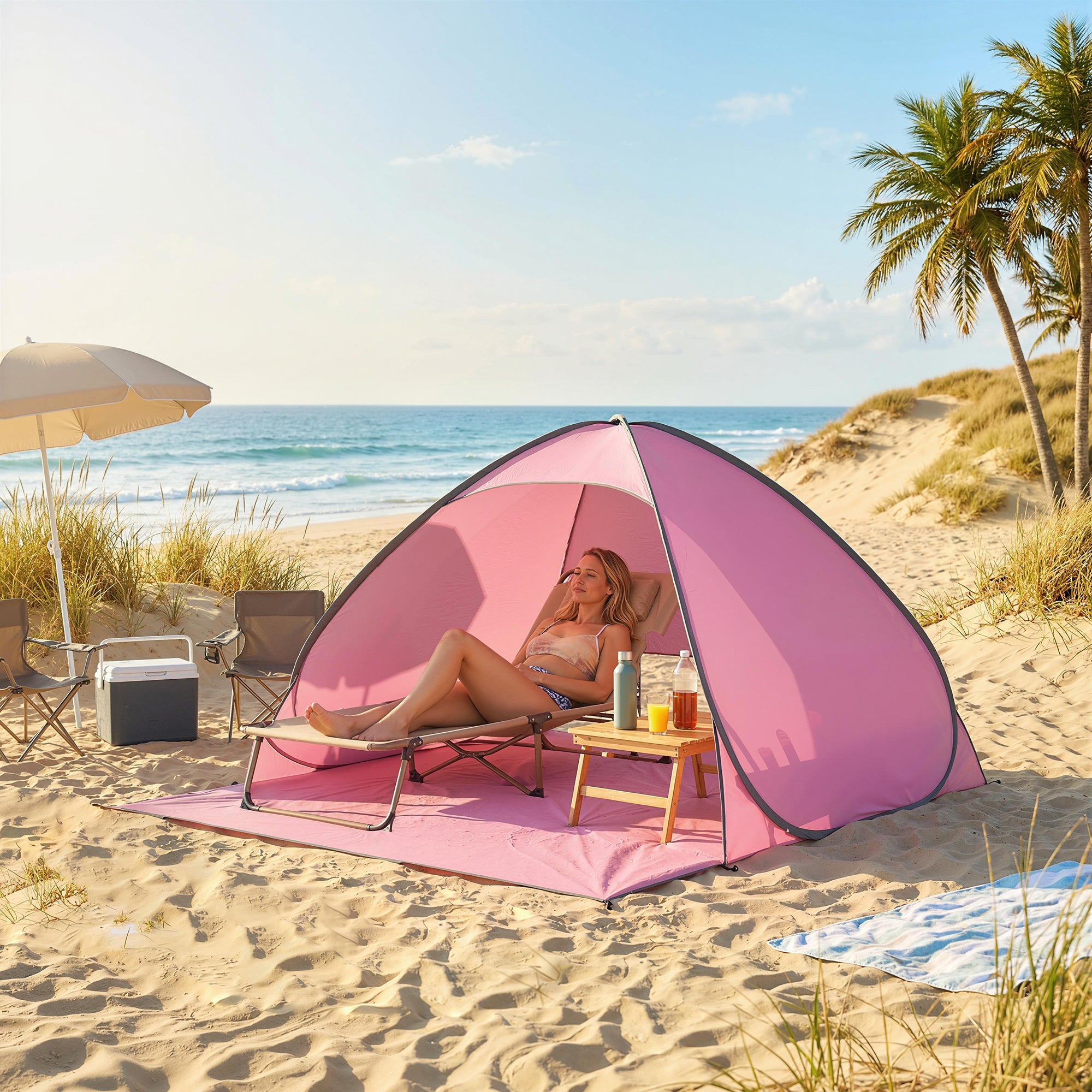 Outsunny Pop up Beach Tent, UV 50+ Sun Shelter with Carry Bag, 2x1.5m for 2-3 Person, Pink 