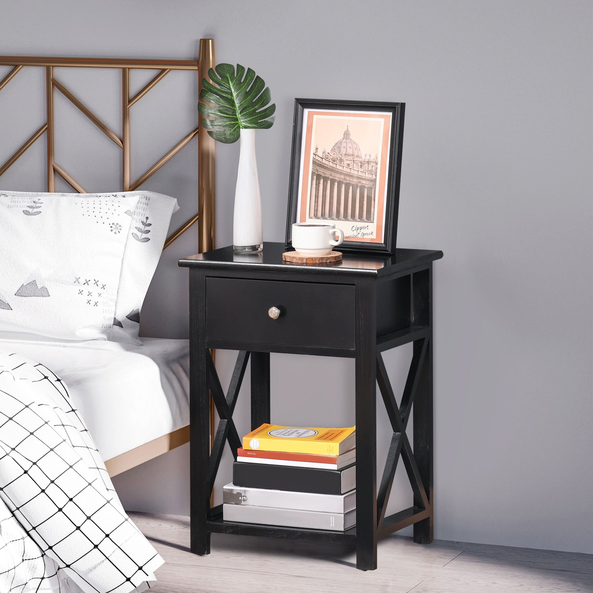HOMCOM End Table, Sofa Side Table with Drawer X Bar Bottom Storage Shelf, Nightstand Bedside Table for Bedroom or Living Room Black 