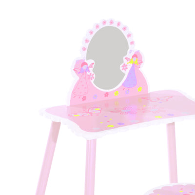 HOMCOM Kids Dressing Table Girls Pink Wooden Kids Dressing Table & Stool Make Up Desk Chair Toys Fairy Dresser Play Set w/Mirror 
