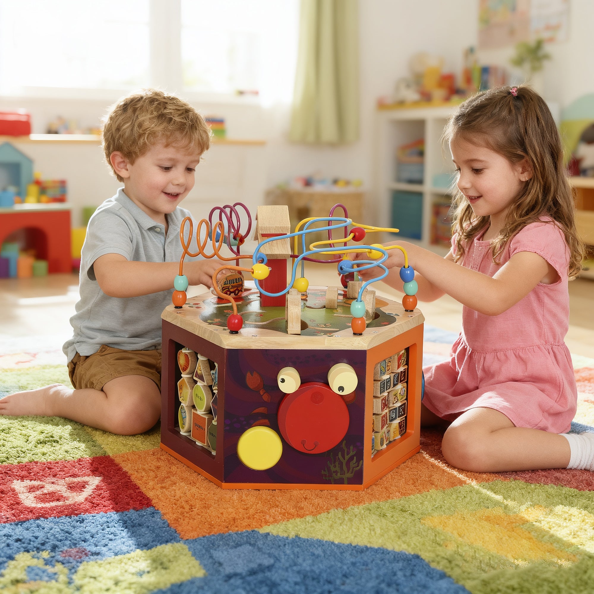 AIYAPLAY 8 in 1 Wooden Activity Cube with Bead Maze, Shape Sorter, for Kids Boys Girls 18+ Months 