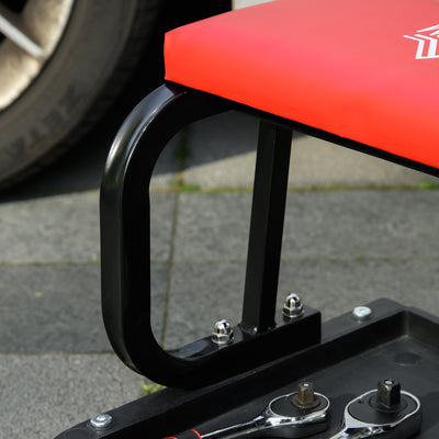 HOMCOM Workshop Stool, Rolling Mechanic Stool with 360 Degree Swivel, Padded Seat, Tool Tray, for Garage, Workshop, Auto Repair, Red 