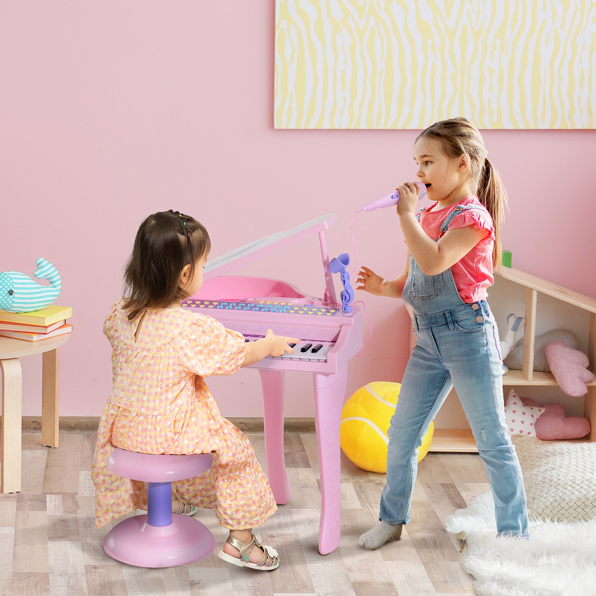 HOMCOM 37 Keys Kids Mini Electronic Keyboard Children Grand Piano with Stool Microphone Light Musical Instrument Educational Game Toy Set (Pink) 