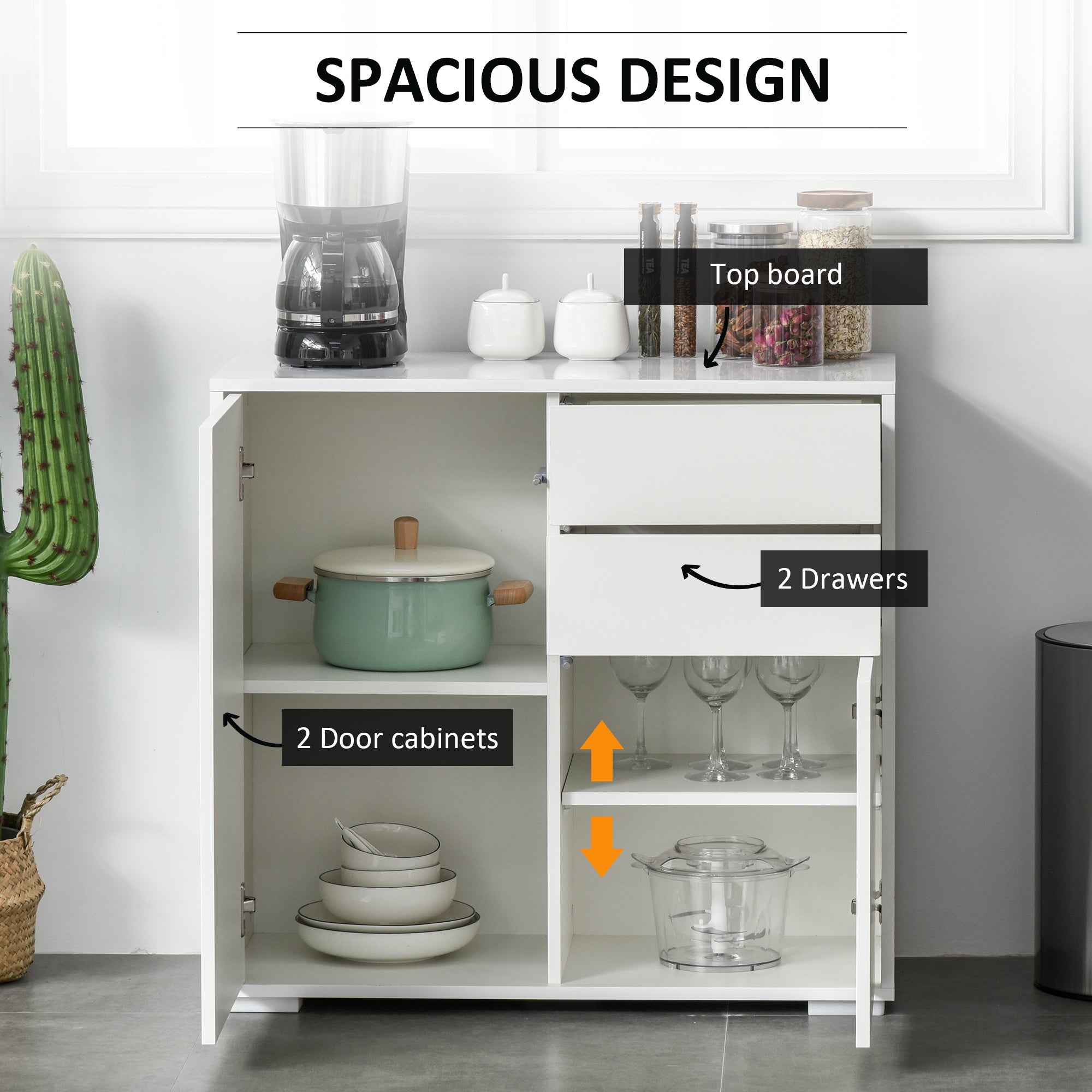 HOMCOM High Gloss Frame Sideboard, Push-Open Design with 2 Drawer for Living Room, Bedroom, 74H x 79W x 36Dcm, White 