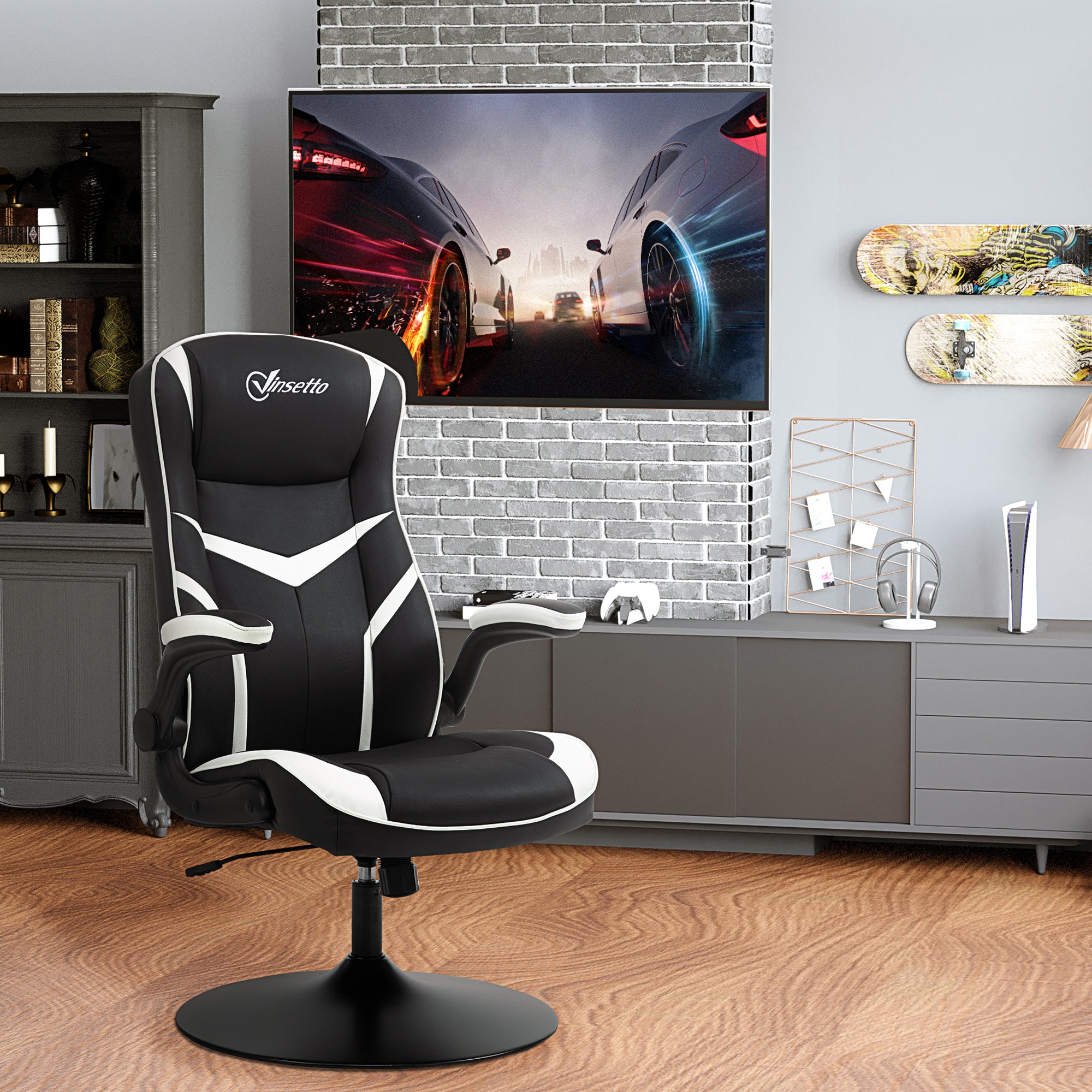 Vinsetto Gaming Chair Ergonomic Computer Chair with Adjustable Height Pedestal Base, Home Office Desk Chair PVC Leather Exclusive Swivel Chair Black 