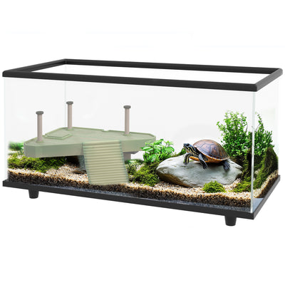 PawHut 50L Glass Turtle Tank Aquarium with Basking Platform, Easy Drainage, Strip Patch Thermometer 