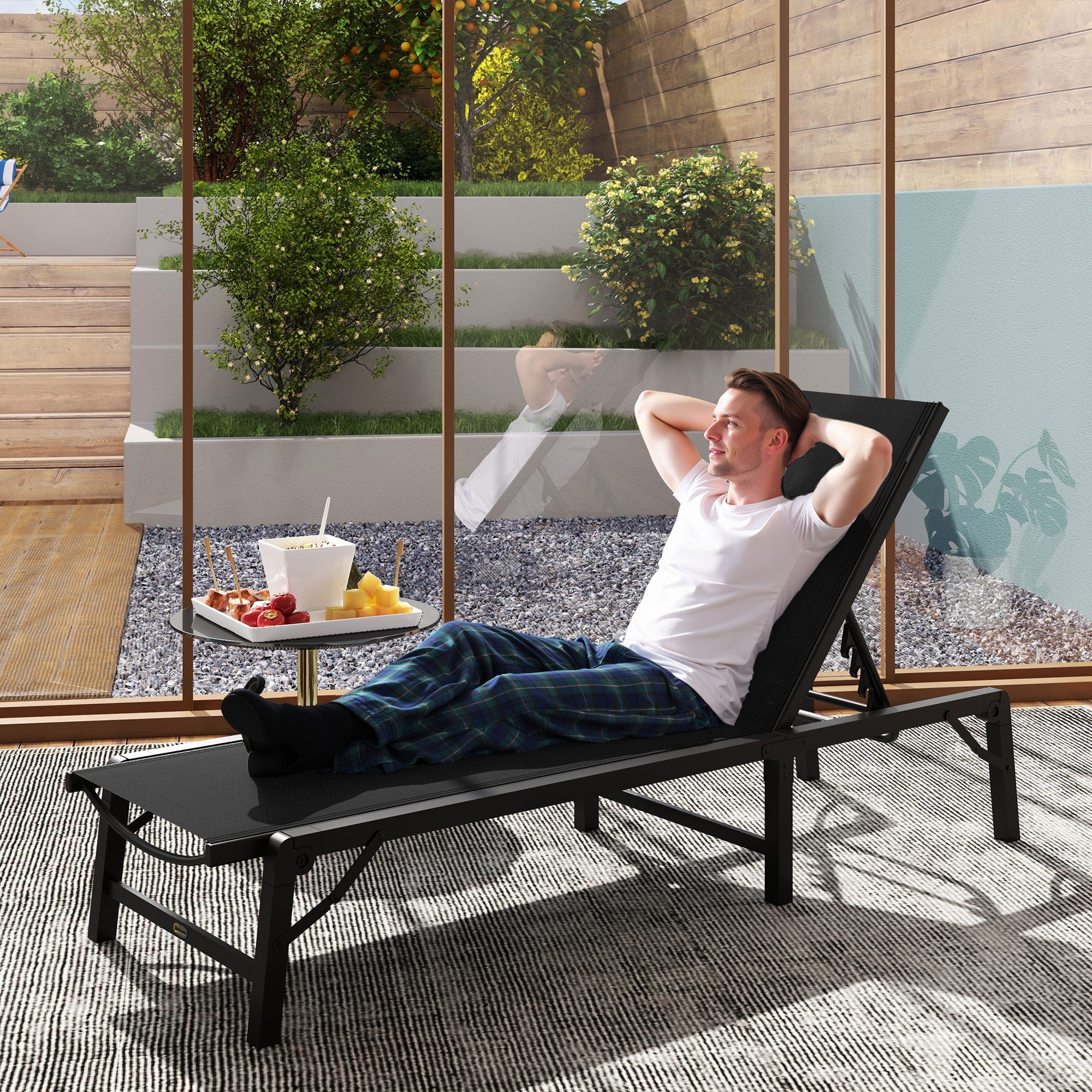 Outsunny Folding Sun Lounger, 5-Position Adjustable Garden Chaise Lounge Sunbed, Steel Frame Reclining Chair for Beach, Porch, Patio, Camping, Black 