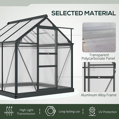 Outsunny 6 x 6ft Polycarbonate Greenhouse, Large Walk-In Green House with Slide Door and Window, Garden Plants Grow House with Aluminium Frame and Foundation, Grey 