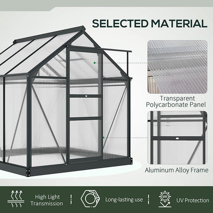 Outsunny 6 x 6ft Polycarbonate Greenhouse, Large Walk-In Green House with Slide Door and Window, Garden Plants Grow House with Aluminium Frame and Foundation, Grey 