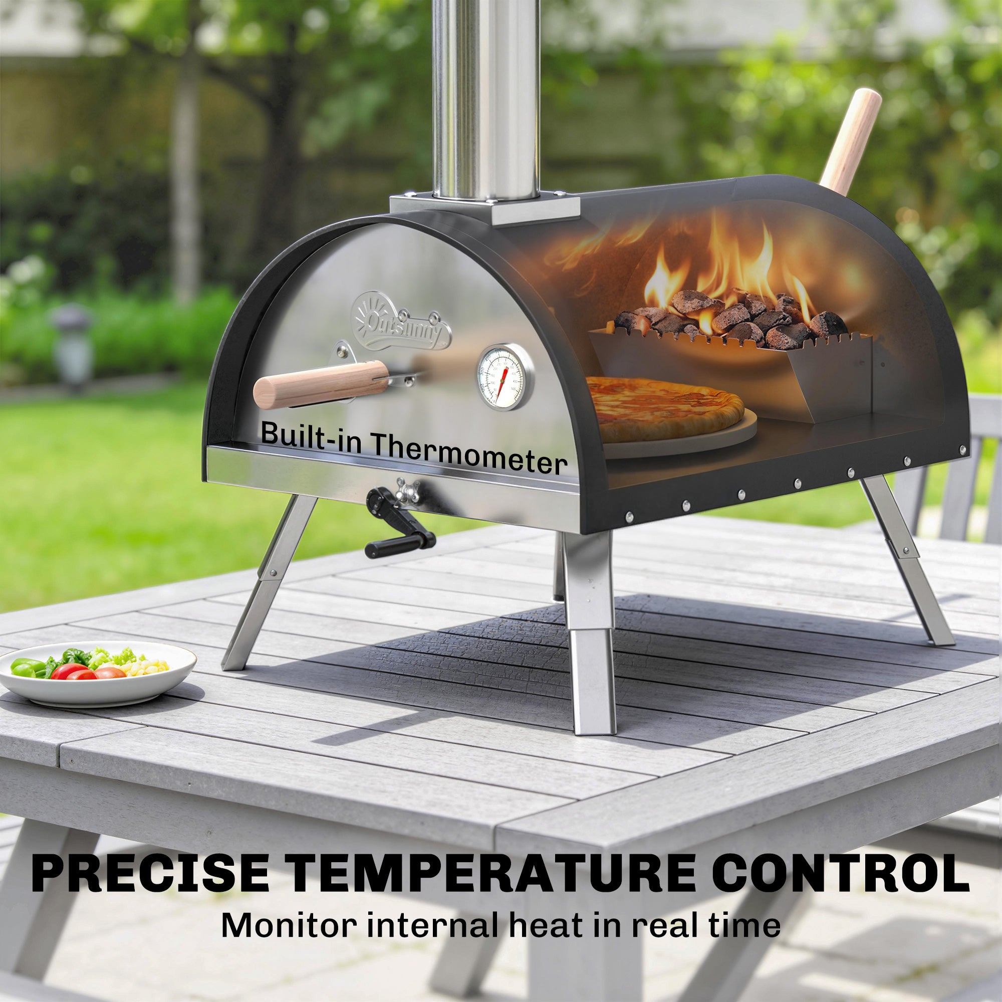 Outsunny Outdoor Pizza Oven Foldable Legs Pellet Wood Fired Pizza Maker w/ 12" Rotating Stone and Peel 