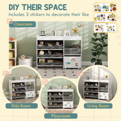 AIYAPLAY Kids Toy Storage Unit with 11 Bins, Cabinet, Top Shelves, 3 Stickers, for Nursery, Playroom, White 