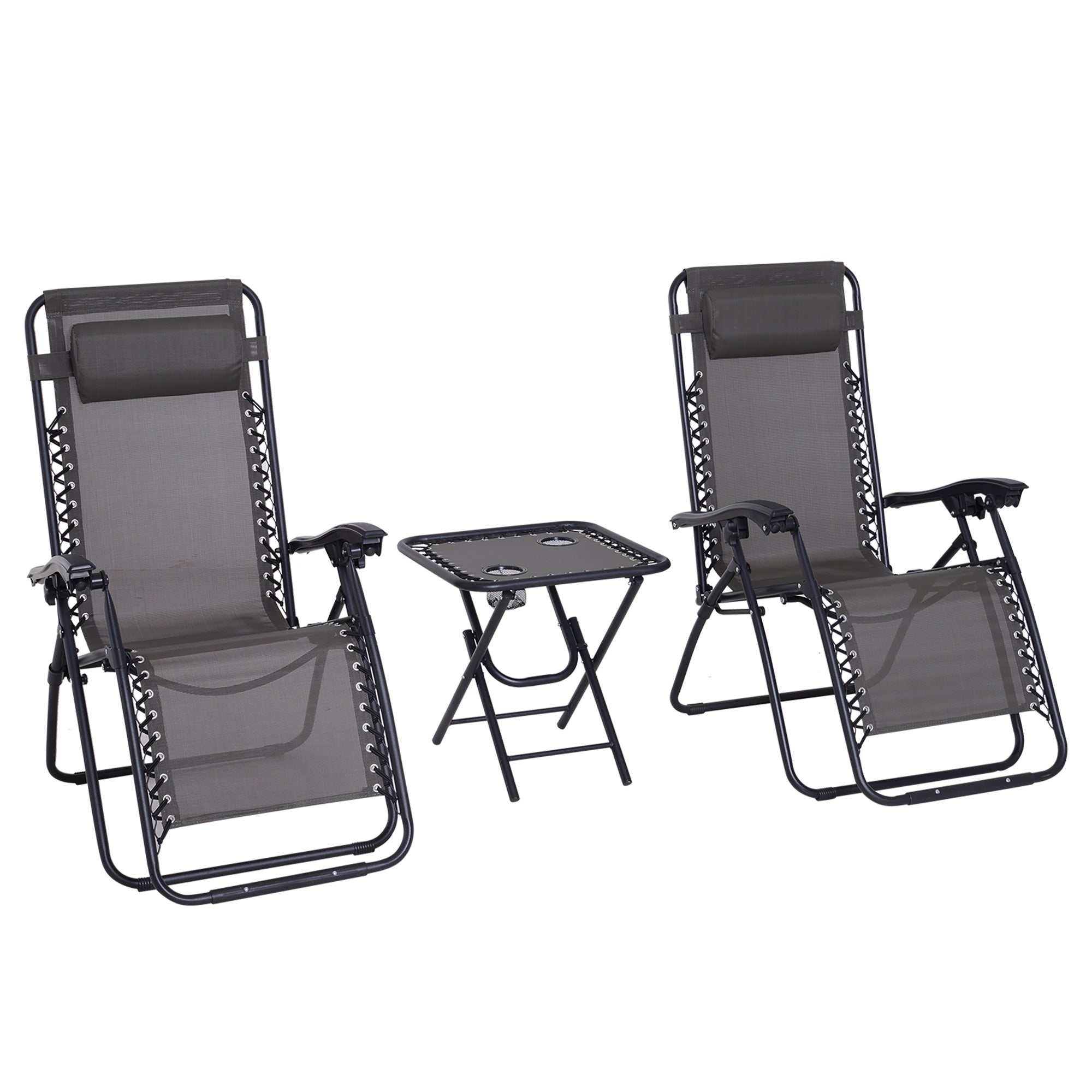 Outsunny 3pcs Folding Zero Gravity Chairs Sun Lounger Table Set w/ Cup Holders Reclining Garden Yard Pool, Dark Grey 