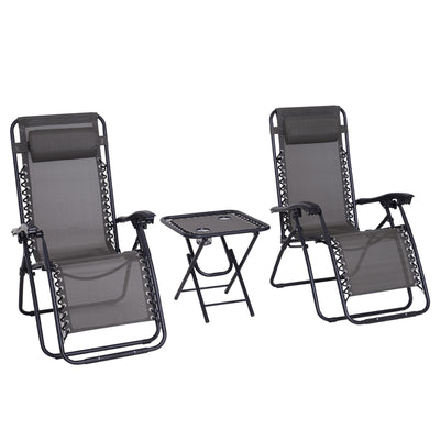 Outsunny 3pcs Folding Zero Gravity Chairs Sun Lounger Table Set w/ Cup Holders Reclining Garden Yard Pool, Dark Grey 