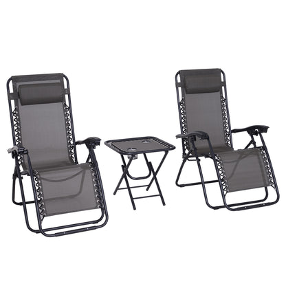 Outsunny 3pcs Folding Zero Gravity Chairs Sun Lounger Table Set w/ Cup Holders Reclining Garden Yard Pool, Dark Grey 