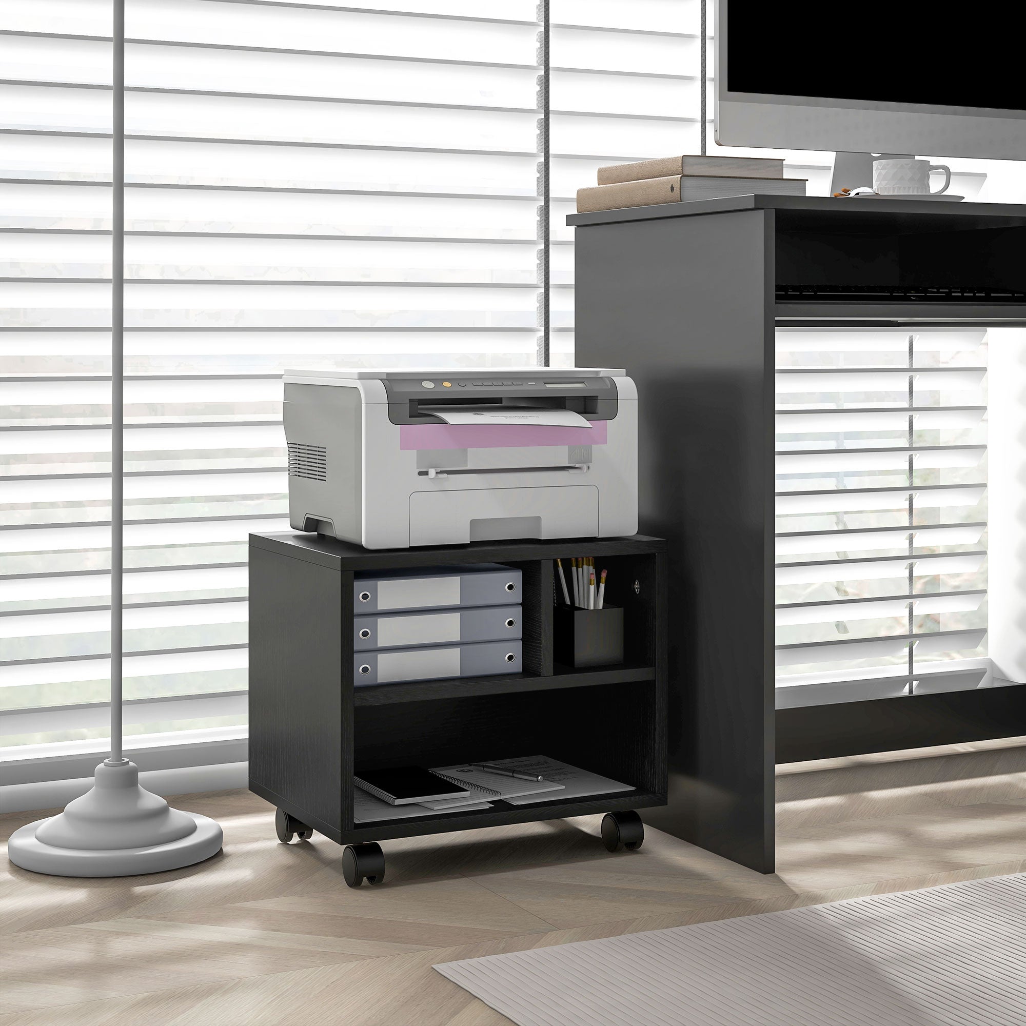 HOMCOM Three-Compartment Printer Cabinet, with Wheels - Black 