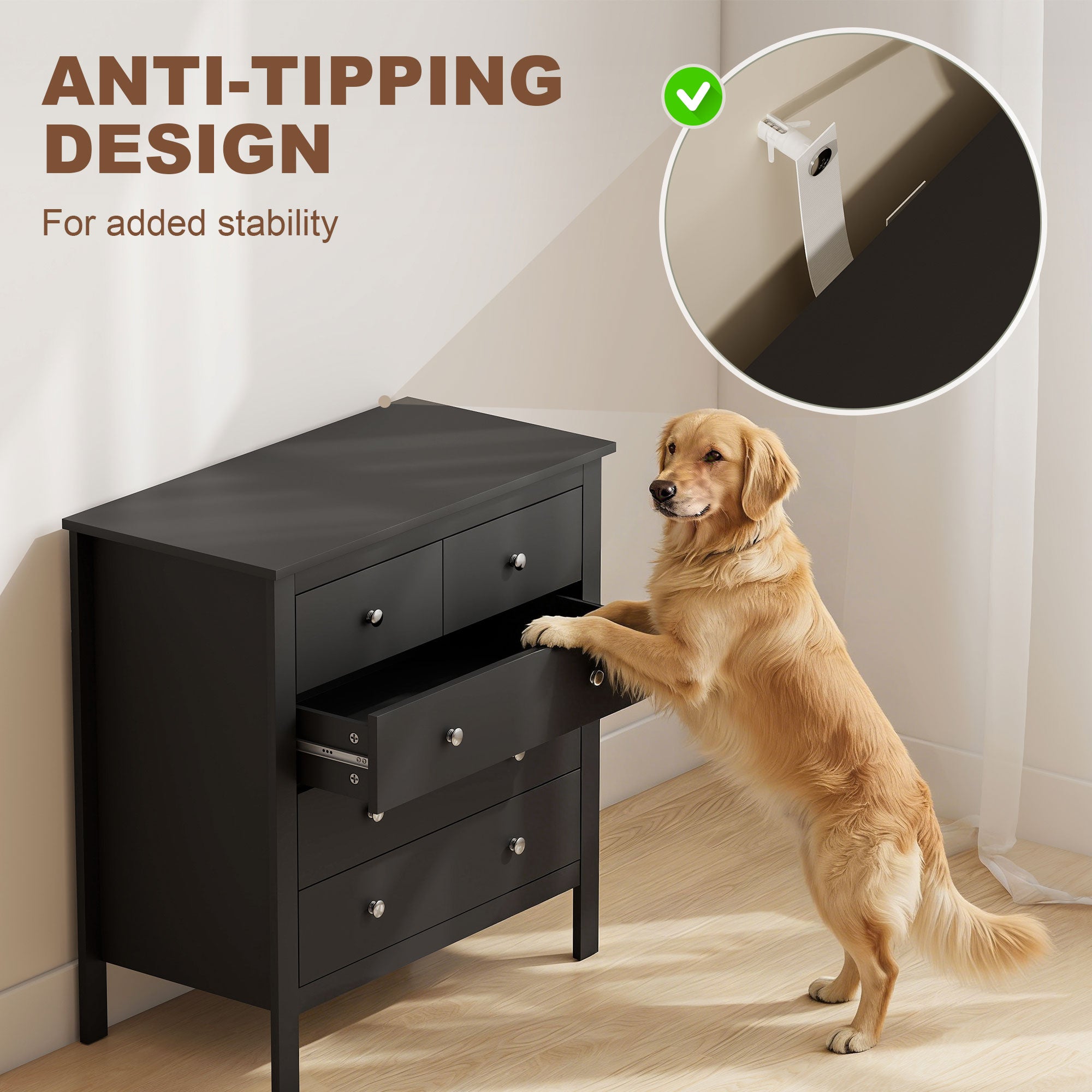 HOMCOM 5 Drawer Dresser for Bedroom, Modern Chest of Drawers, Wide Storage Unit for Living Room, Hallway, Black 