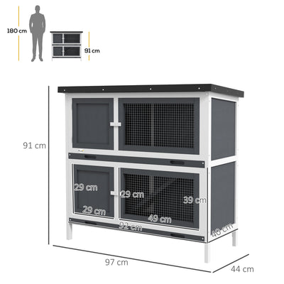 PawHut Double Decker Rabbit Hutch 2 Tier Guinea Pig House Pet Cage Outdoor with Sliding-out Tray, 100 x 47 x 91cm, Grey 