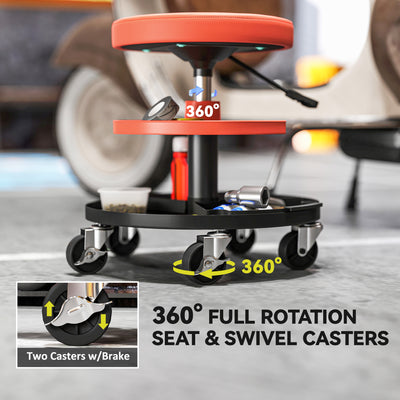 HOMCOM Rolling Mechanic Stool, 135kg Capacity Workshop Stool, 360° Swivel Roller Padded Creeper Seat with Wheels, Tool Trays Storage for Garage, Shop, Auto Repair, Yellow 