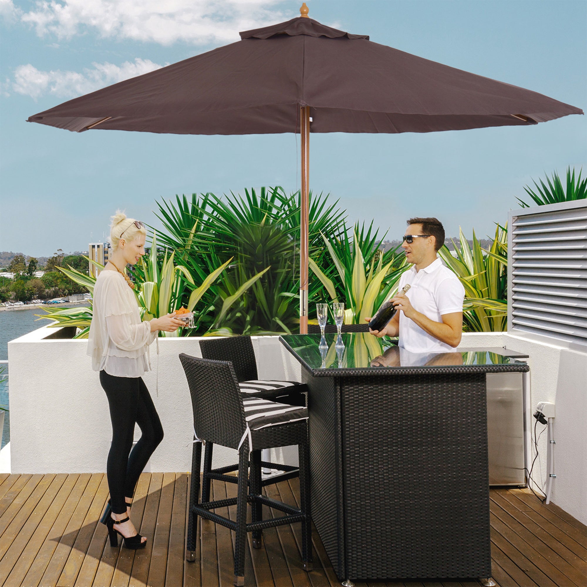 Outsunny 2.5m Wood Garden Parasol Sun Shade Patio Outdoor Wooden Umbrella Canopy Coffee 